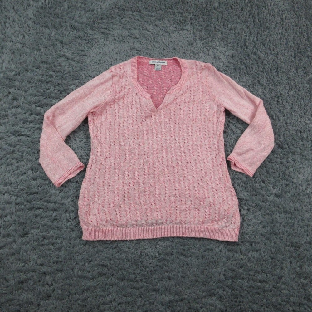 Tommy Bahama Sweater Womens Small Pink 100% Linen V Neck 3/4 Sleeve Pullover